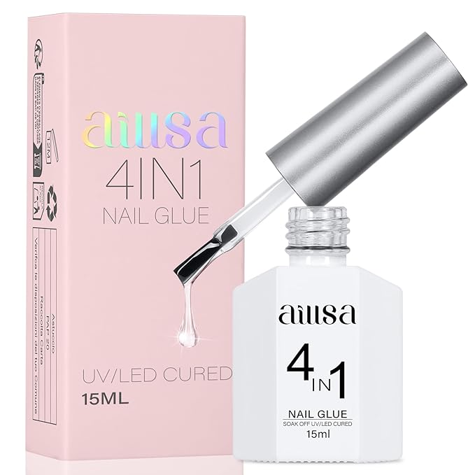 AILLSA Gel Nail Glue for Acrylic Nails, 4 in 1 Nails Gel Glue for Fake Nail Tips,15ML High Capacity Long Lasting Brush On Nail Glues for Rhinestone Pearl Foil, (U V Lamp Curing Needed)