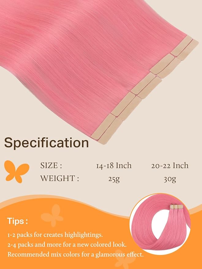 DOORES Human Hair Tape in Extensions, Light Pink Tape in Hair Extensions, Real Human Hair Natural Tape in Extensions Straight Hair, 25g 10pcs 18 Inch