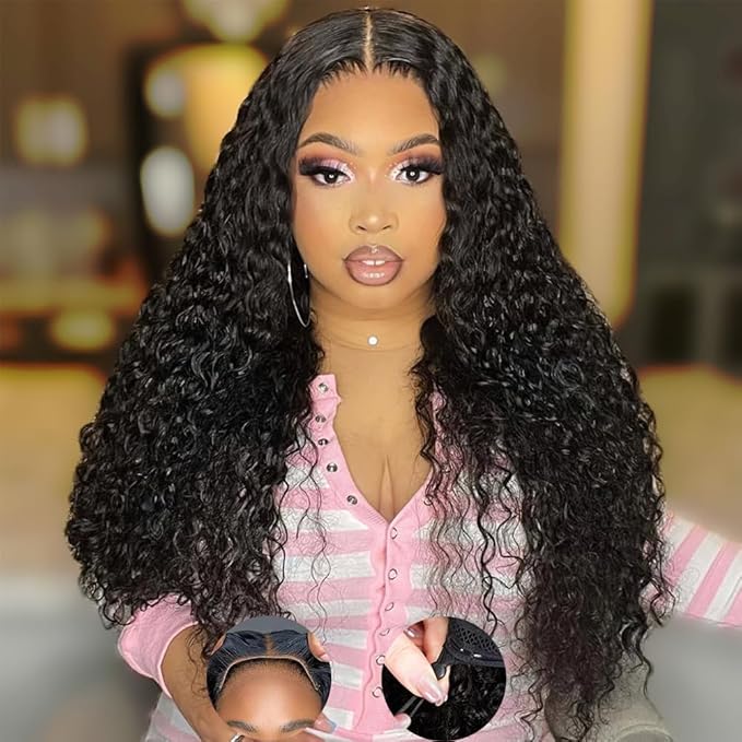 Wear and Go Glueless Wigs Human Hair Pre Plucked Pre Cut 7x5 HD Lace Deep Wave Lace Front Wigs Human Hair 200 Density with Drawstring Natural Hairline No Glue Curly Lace Front Wig for Women 16 Inch