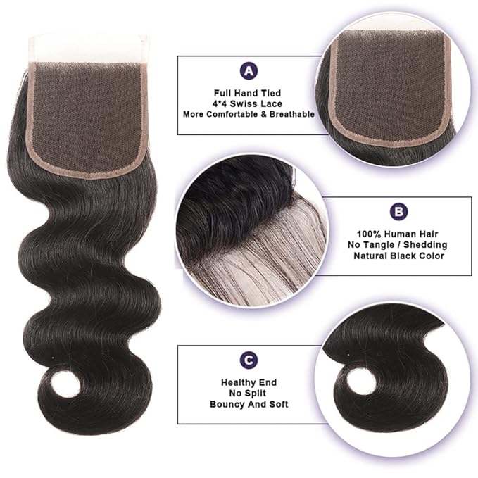 Brazilian Body Wave 3 Bundles with Closure 100% Unprocessed Human Hair Extensions 4x4 Free Part Lace Closure Natural Black Color (22 24 26+20)