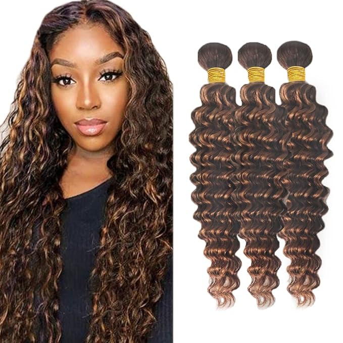 Freiuoke 26 26 26 Inch Highlight Bundles Brown Deep Wave Human Hair Bundle Brazilian Unprocessed Virgin Hair 3 Bundles Color 30 Deep Wave Bundle
