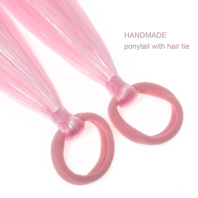 Colored Hair Extensions Pink Ponytail Extension 2 Packs, 20 inch Crazy Hair Day Accessories for Women, DIY Festival Wacky Rave Braids,Tinsel Mixed