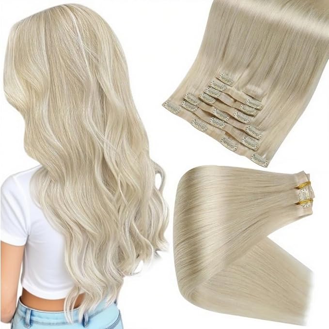 Full Shine Platinum Blonde Clip in Hair Extensions Real Human Hair for Long Natural Clip in Remy Extensions With Pu Tape Hair Extensions Blonde Human Hair 8Pcs 120G 22 Inch