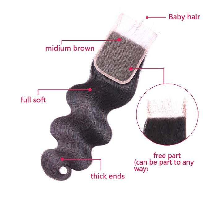 Real Human Hair Bundles Body Wave 14 16 18 Inch with 12 Inch Lace Closure, 3 Bundles Unprocessed Natural Black Remy Brazilian Virgin Cambodian Hair Wavy, 1b, No Tangle No Shedding