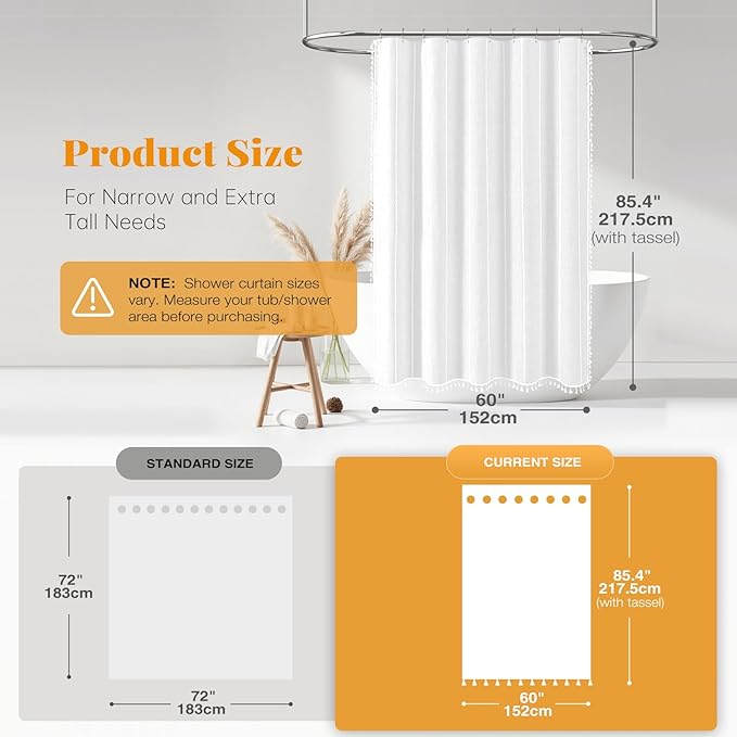 BTTN Stall Shower Curtain - 60x84 Long Boho Farmhouse Linen Fabric Tassel Shower Curtain Set with 10 Plastic Hooks, Narrow Bohemian Rustic Thick Decorative Cloth Shower Curtain for Bathroom - White
