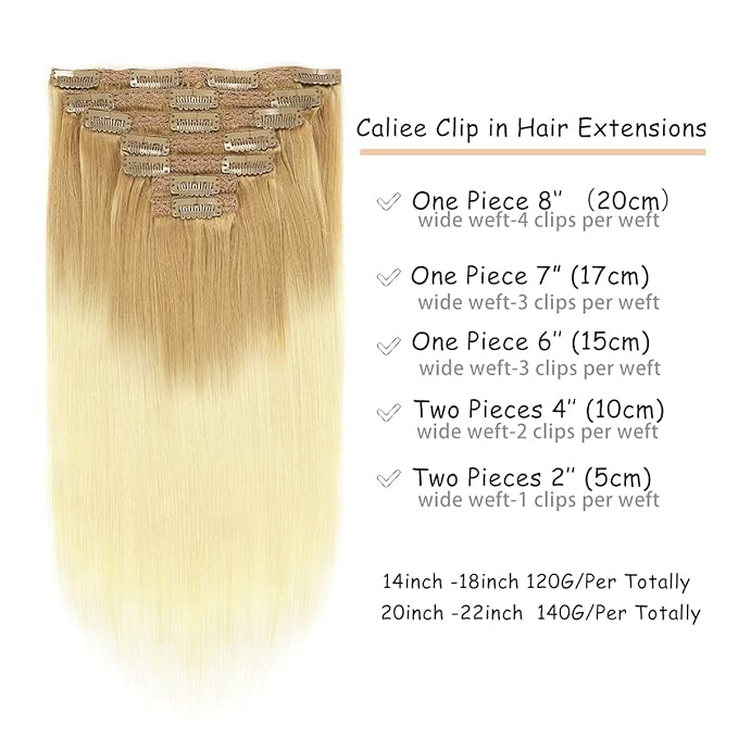 Caliee Remy Clip in Human Hair Extensions - T12-60 Ombre, Straight 7PCS Seamless Clip in Hair Extensions - Natural Double Weft, Invisible Thick Ends - 20Inch, 140G