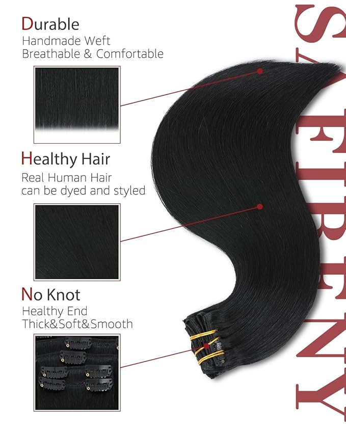 Clip in Hair Extensions Real Human Hair, 18 Inch 120g, #1 Jet Black, Natural Straight Clip On Hair Extensions 6pcs Per Set With 18 Clips Double Drawn(#1,18'')