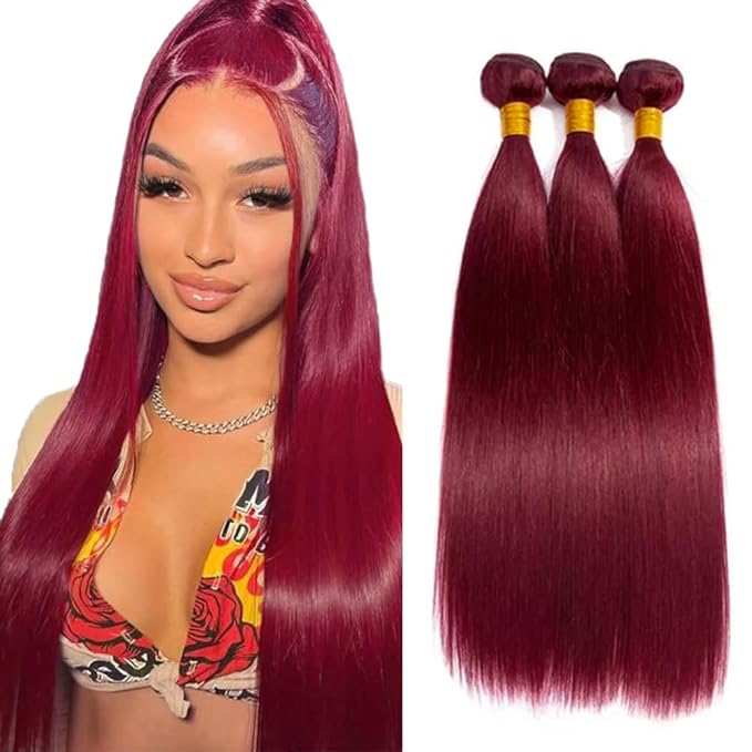 Freiuoke 99J Human Hair Bundles Burgundy Straight 3 Bundles 20 22 24 Inch 150g Brazilian Unprocessed Virgin Hair Red Bundles Human Hair Extensions