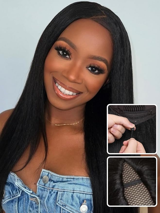 Nadula EasiContour V Part Yaki Straight Human Hair No Leave Out Clip in V-part Wig,12A Glueless Upgrade U Part Light Kinky Straight Human Hair Wig 180% Density with Elastic Drawstring 24inch