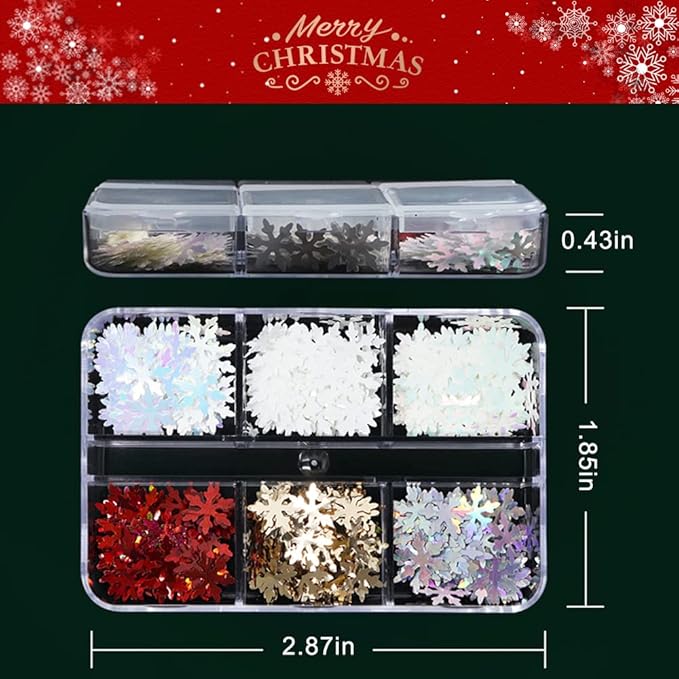 Snowflakes Nail Glitter Sequins 3D Holographic Christmas Nail Flakes Laser Gold Red Snowflakes Nail Sticker Decals for Women DIY Acrylic Nails Decorations Craft 6 Grids
