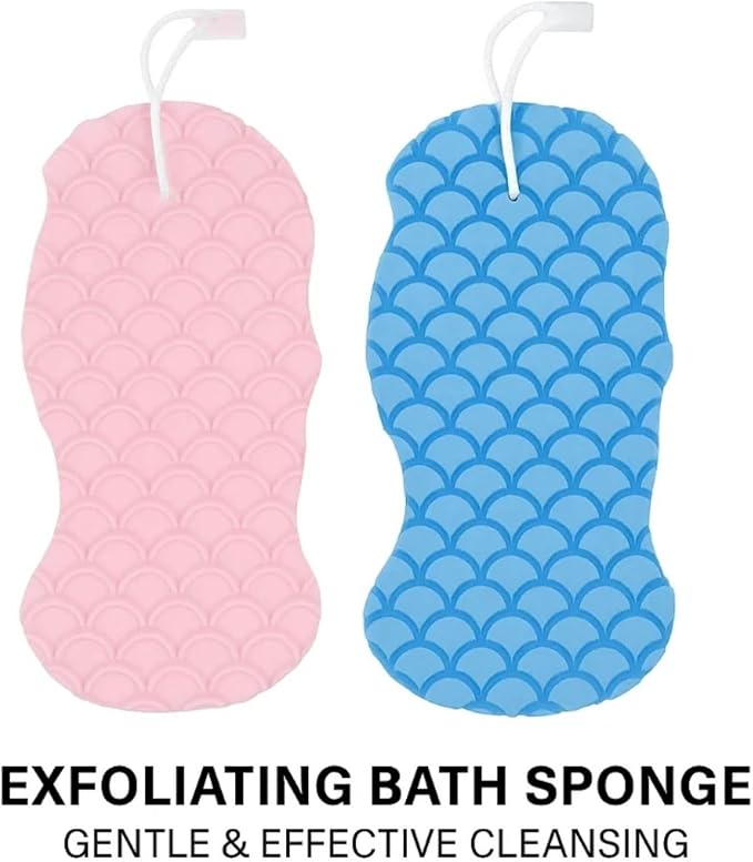 exfoliating Bath Sponge - 3D Super Soft Body Scrub Sponge for Dead Skin Removal, Reusable Skin-Friendly Exfoliator Also a Gentle Bath Sponge for Baby, for Adults, Kids & Pregnant Women (Blue+Pink)