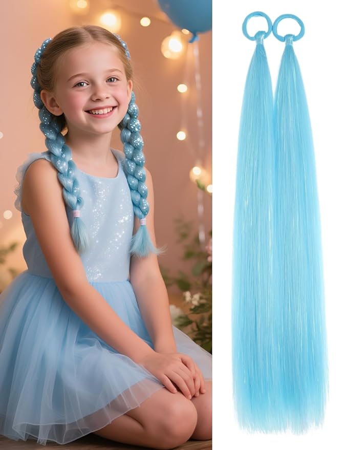 Colored Hair Extensions Blue Ponytail Extension 2 Packs, 20 inch Crazy Hair Day Accessories for Women, DIY Festival Wacky Rave Braids,Tinsel Mixed