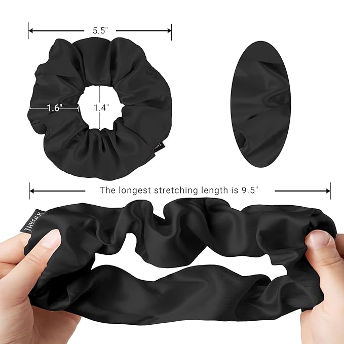 THXSILK Pure Mulberry Silk Scrunchies - Cute Ring Hair Ties for Women with Thick Hair, Black