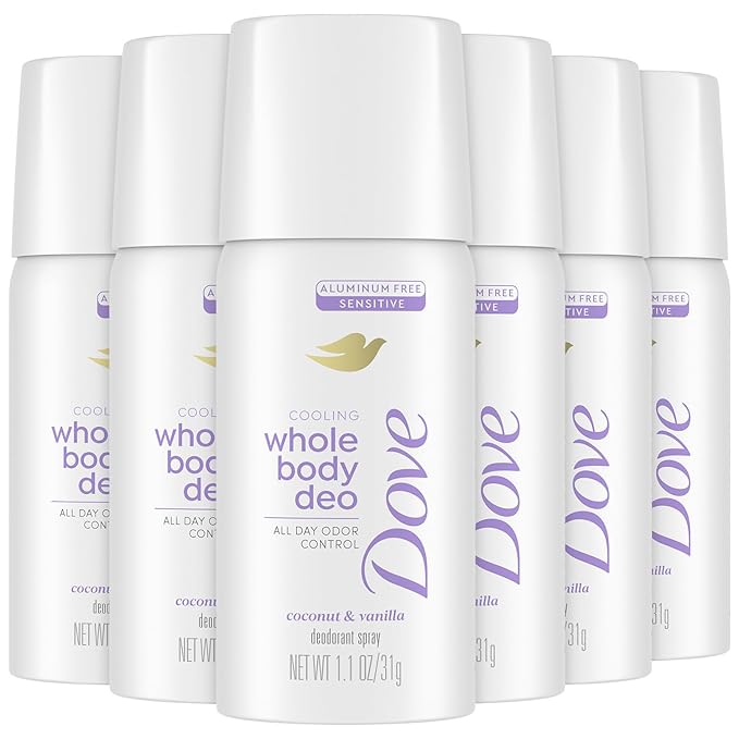 Dove Whole Body Deo Spray, Coconut & Vanilla 6-Pack – Travel-Size Deodorant for Women, 72H Protection, Sensitive Formula, 1.1 Oz Ea