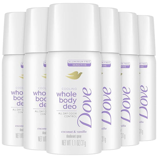 Dove Whole Body Deo Spray, Coconut & Vanilla 6-Pack – Travel-Size Deodorant for Women, 72H Protection, Sensitive Formula, 1.1 Oz Ea