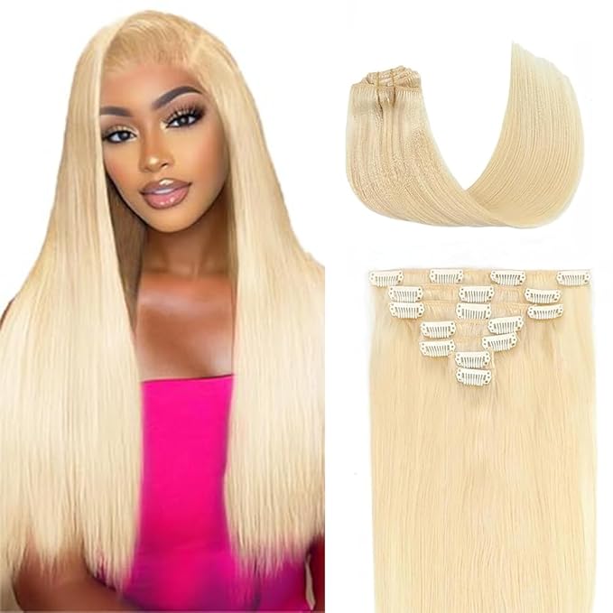 18 Inch #613 Blonde Clip in Hair Extensions - Real Remy Human Hair, 120g 7pcs, Blonde Human Hair Extensions Clip ins for Women
