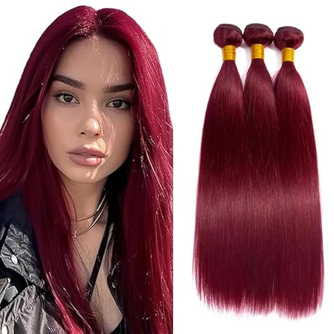 99J Human Hair Bundles Burgundy Straight 3 Bundles 24 26 28 Inch 150g Double Weft Brazilian Unprocessed Virgin Human Hair Extensions for Women