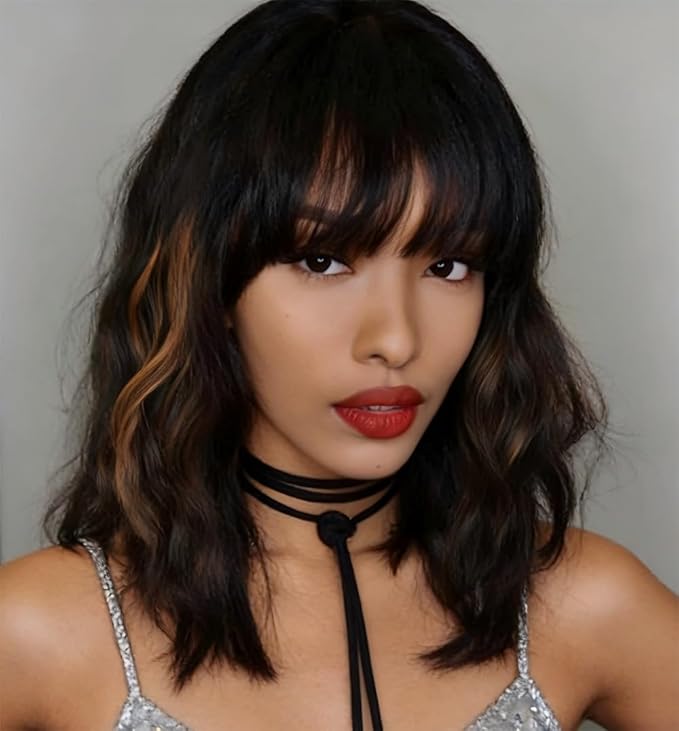 WAVE&BREEZE Black Mixed Brown Highlights Wigs for Black Women Short Wavy Curly Wig With Bangs Natural Looking Synthetic Hair Wigs Heat Resistant Fiber Wig for Daily Party