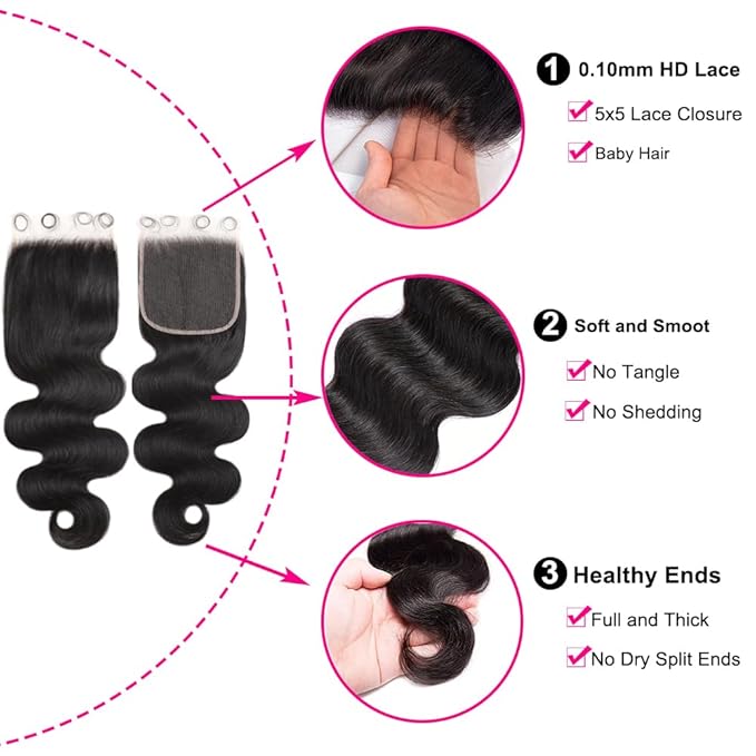 5x5 SKINLIKE HD Lace Closure Human Hair Body Wave 0.10mm Ultra-thin Invisible HD Lace Closure 100% Human Hair Extensions 12A Brazilian Virgin Hair Pre Plucked with Baby Hair Natural Color 14 inch