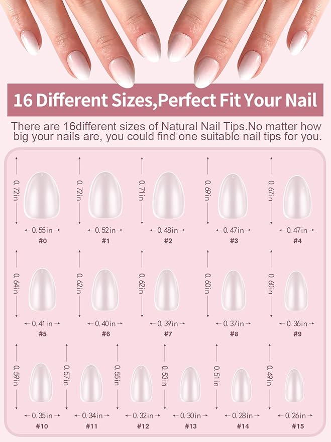 EBANKU Build on Apex Natural Nail Tips, 16 Sizes 480 PCS Extra Short Almond Clear Acrylic Full Cover Press on Nail Tips with Builder Glue, Pre-applied Tip Primer & Base Coat