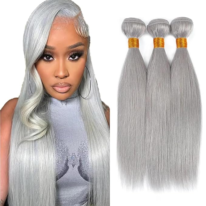 Silver Human Hair Bundles Grey Straight Bundle 24 26 28 Inch Gray Hair Weave 3 Bundles Gray Color Long Hair Extensions