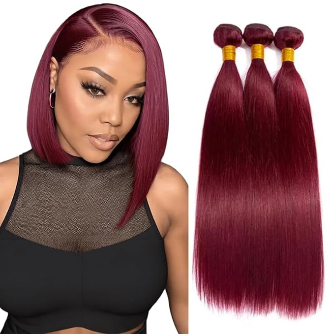 Freiuoke Dark Burgundy Bundles 99J Straight Human Hair 3 Bundles 12 14 16 Inch 150g Brazilian Unprocessed Virgin Remy Hair Extensions