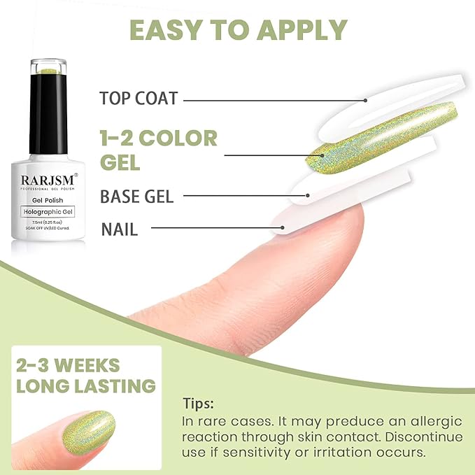 RARJSM Holographic Nail Polish Light Green Gel Polish Unicorn Effect Nail Gel 7.5ML Curing Required Nail Art Colors Home Manicure