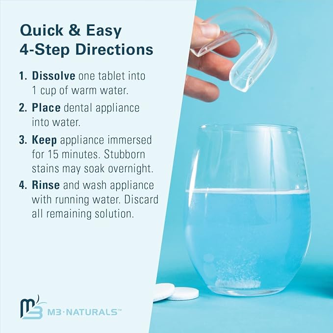Retainer and Denture Cleansers 240 Tablets Removes Bad Odors Discoloration Stains Plaque for Cleaning Invisalign Mouth Guard Night Guard and Removable Dental Appliances by M3 Naturals