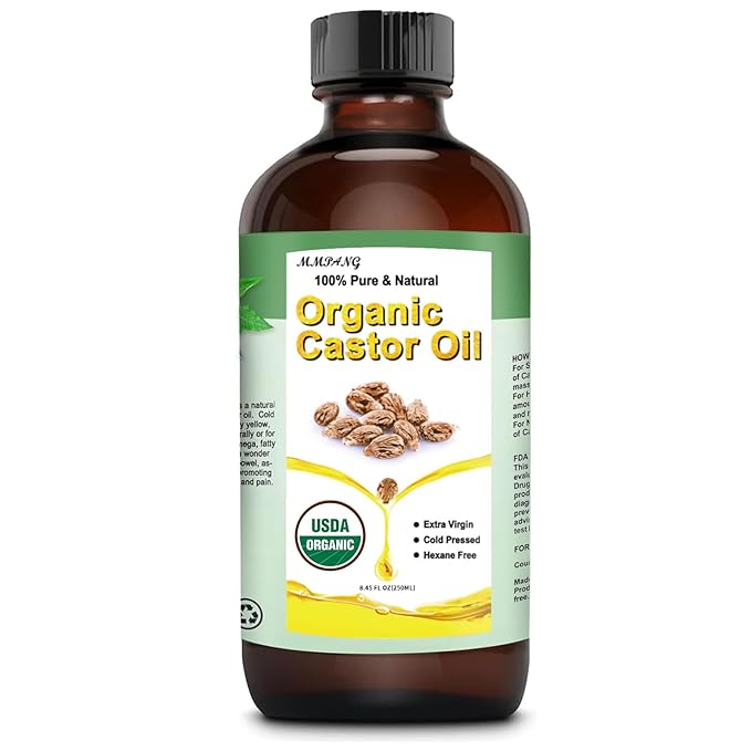 Organic Castor Oil for Hair Body Lashes Brow,USDA Certified 100% Pure Natural Glass Bottle, Cold Pressed, Hexane Free. Castor Oil for Hair Growth, Thicker Fuller Brows, 8.45oz