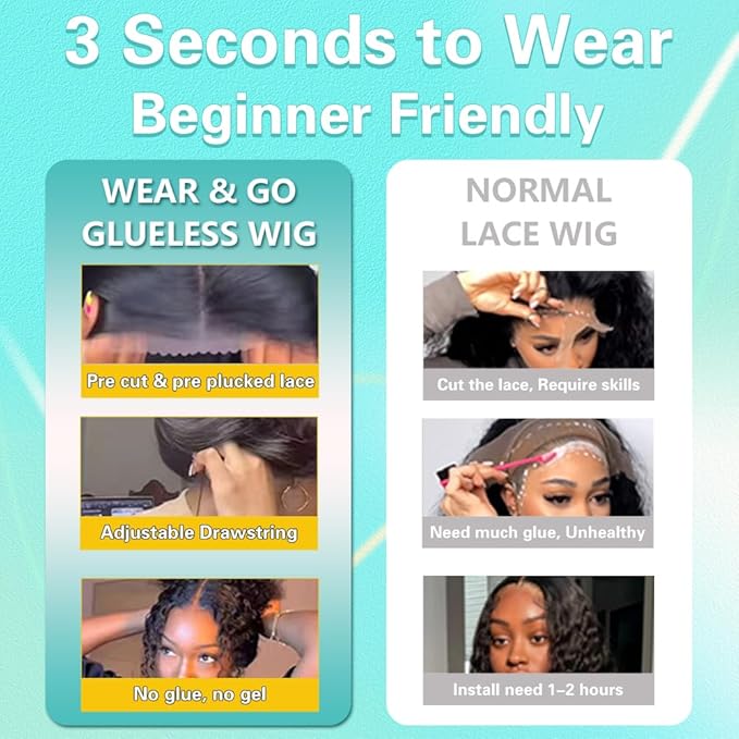 Deep Wave Glueless Wigs Human Hair Pre Plucked Pre Cut HD Lace 7x5 Deep Wave Lace Front Wigs Human Hair 200% Density Wear and Go Glueless Drawstring Wig for Beginners 22 Inch Natural Color