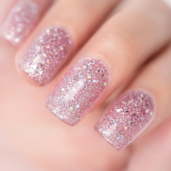 RARJSM Nude Pink Glitter Gel Nail Polish Chunky Iridescent Glitter Gelpolish 15ml Shimmer Holographic Rainbow Effect Soak off L e d U V Curing Required High Pigments for Home Manicure Nail Art