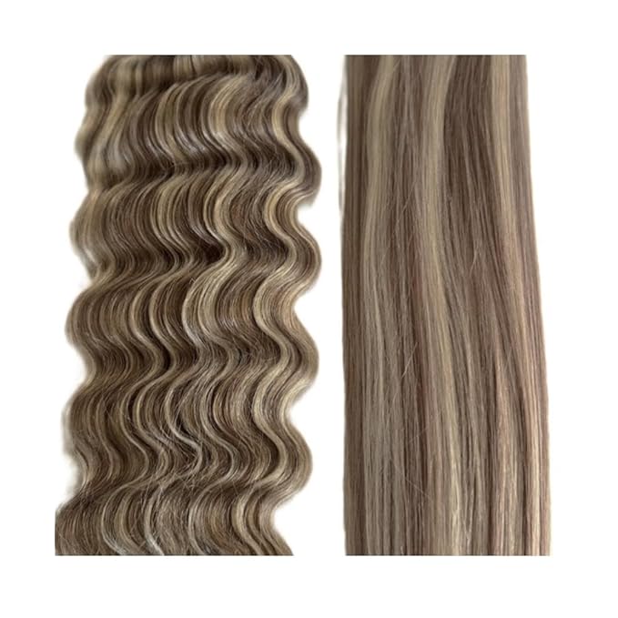 Envie Me Luxury Hair Extensions Remy Cuticle Intact Double Drawn Real Human Hair Seamless-Invisible Clip Deep Wave Curl Human Hair Extensions #18/60 Dark Blonde with Light Blonde 22 inch 120g 8 pcs