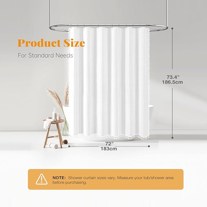 BTTN White Farmhouse Shower Curtain, Boho Linen Striped Heavy Duty Fabric Shower Curtain Set with Tassel, Bohemian Country Ultra Thick Shower Curtain for Bathroom, Wrinkle Free, Water Repellent, 72x72