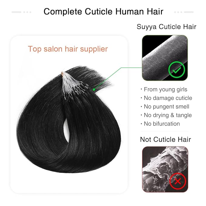 SUYYA Microlink Jet Black Micro Loop Hair Extensions - Real Human Hair Straight Micro Links - 50 Strands, 50g/Pack for Women (18 inch #1)