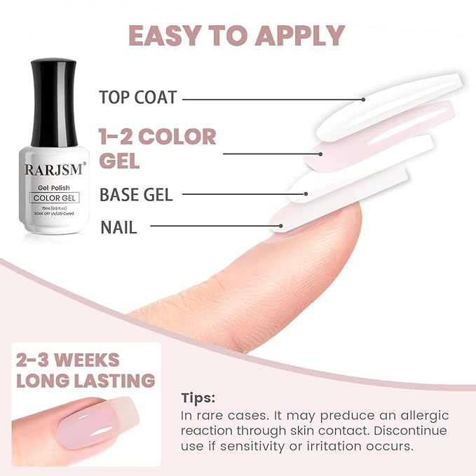 RARJSM Nude Gel Nail Polish Soft Pink Neutral Skin Tone Sheer Jelly Gel Polish 1PC 15ml Single Bottle Creamy Transparent Pale Pink Nail GelPolish Soak off UV LED Cured for Home Salon DIY Manicure