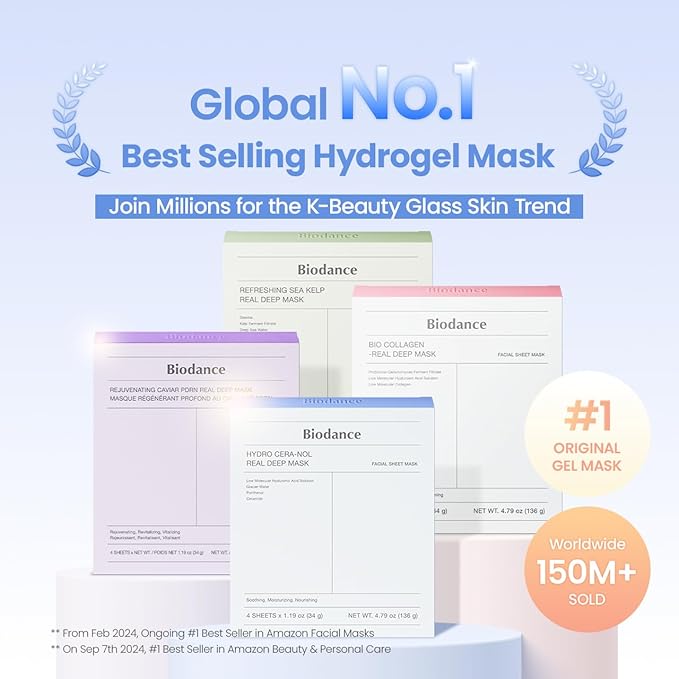 BIODANCE Hydro Cera-nol Real Deep Mask, Overnight Hydrogel Mask, Hydrating Facial Mask For Sensitive Skin, Redness Reducing & Quick Soothing Effect, Korean Skincare, Stocking Stuffers |1.19oz(34g)x4ea