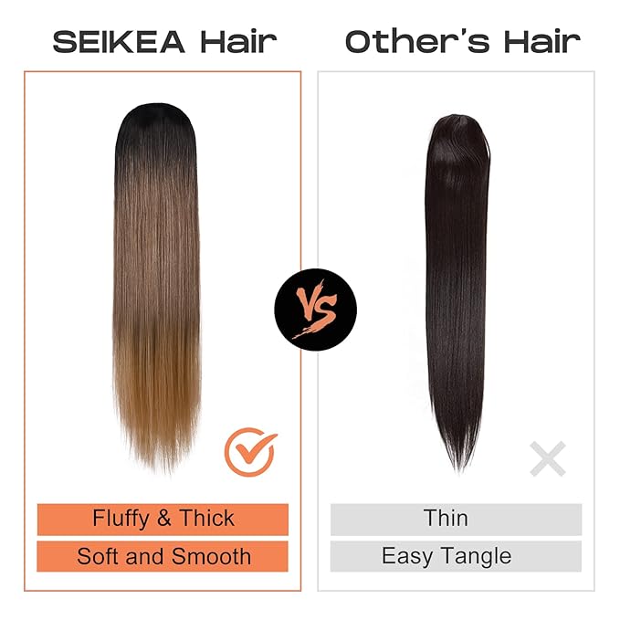SEIKEA 28" Drawstring Ponytail Extension for Black Women Long Straight Fake Hair Natural Soft Clip in Hair Extensions Synthetic Heat Resistant Hairpiece Natural Black/Light Brown/Honey Blonde