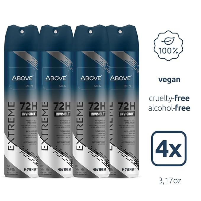 ABOVE Extreme Men Movement - 72H Deodorant Spray for Men(4 Pack) | Derma Clinical Antiperspirant, Whole Body Freshness | Long-Lasting Mens Body Spray Deodorant | No Stain, Alcohol and Aluminum-Free