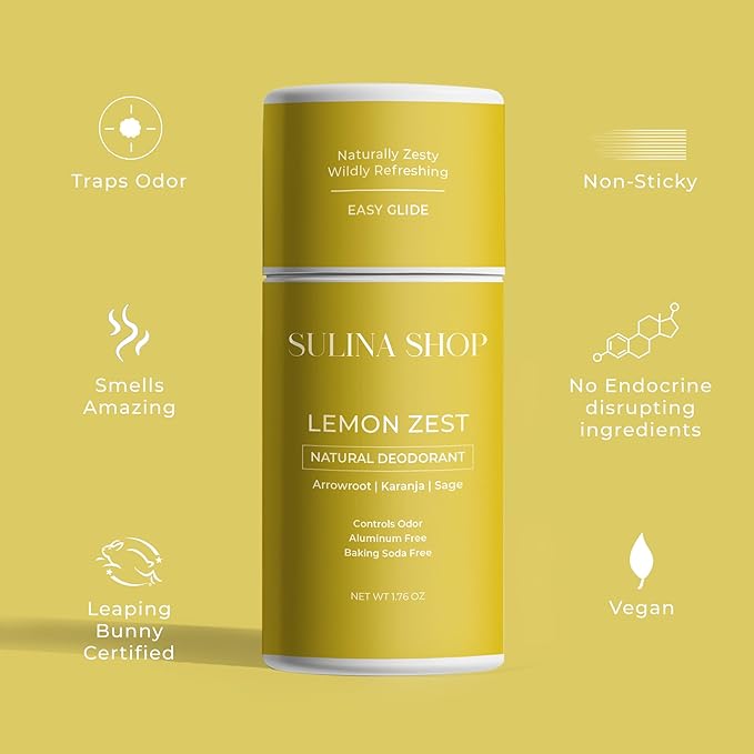 Lemon Zest - All Natural Deodorant for Woman, Aluminum-Free, Baking Soda-Free, 12-Hour Odor Protection, Clean Citrus Scent - For Women & Men, Gentle on Sensitive Skin