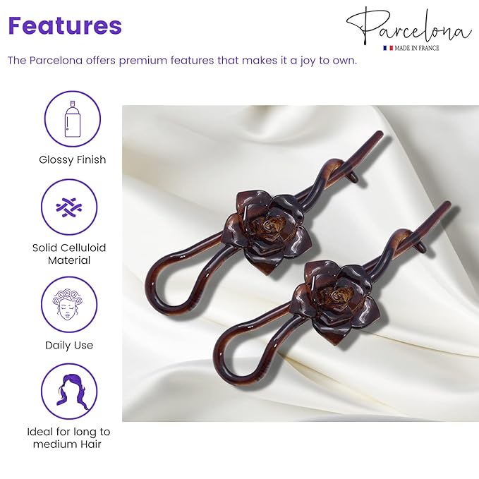 Parcelona French Rose Flower Twist N Clip Set of 2 Cellulose Acetate Shell Hair Clip Barrette 10.5 cm