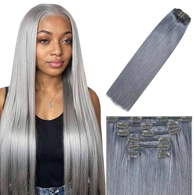 26 Inch Grey Clip in Hair Extensions - Real Remy Human Hair, 120g 7pcs, Silver Grey Human Hair Extensions Clip ins for Women