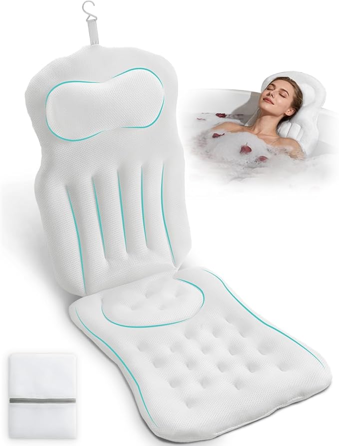 Full Body Bath Pillow for Bathtub, 5D Thick Tub Pillow for Bathtub with 192 Non-Slip Suction Cups, Laundry Bag & Hook, Bathtub Pillow for Head, Neck & Back Support (White, 51"*15")
