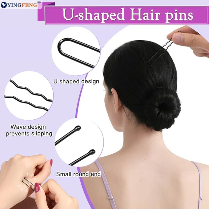 YINGFENG 134 Pcs Black Hair Bun Maker Kit Medium - 4 Bun Hair Pieces for Women, 20 Hair Net for Buns, 100 Bobby Pins for Women, 10 Hair Bands, for Ballet Styling, Hair Accessories for Girls