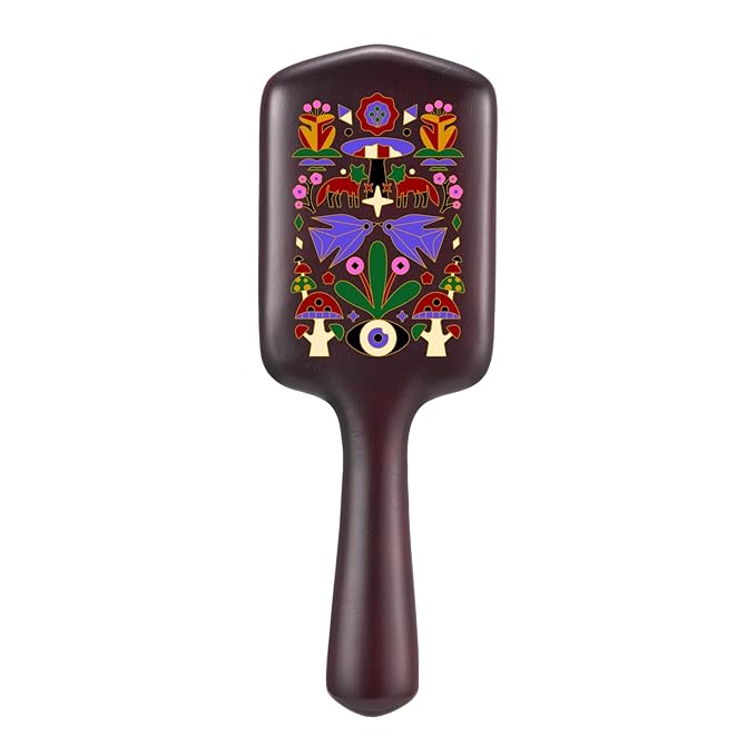 Simetra Wooden Paddle Hair Brush for Women & Men, Solid Wood Teeth for Scalp Massage, Detangling Brush for Wet & Curly Hair (Fox Pattern)