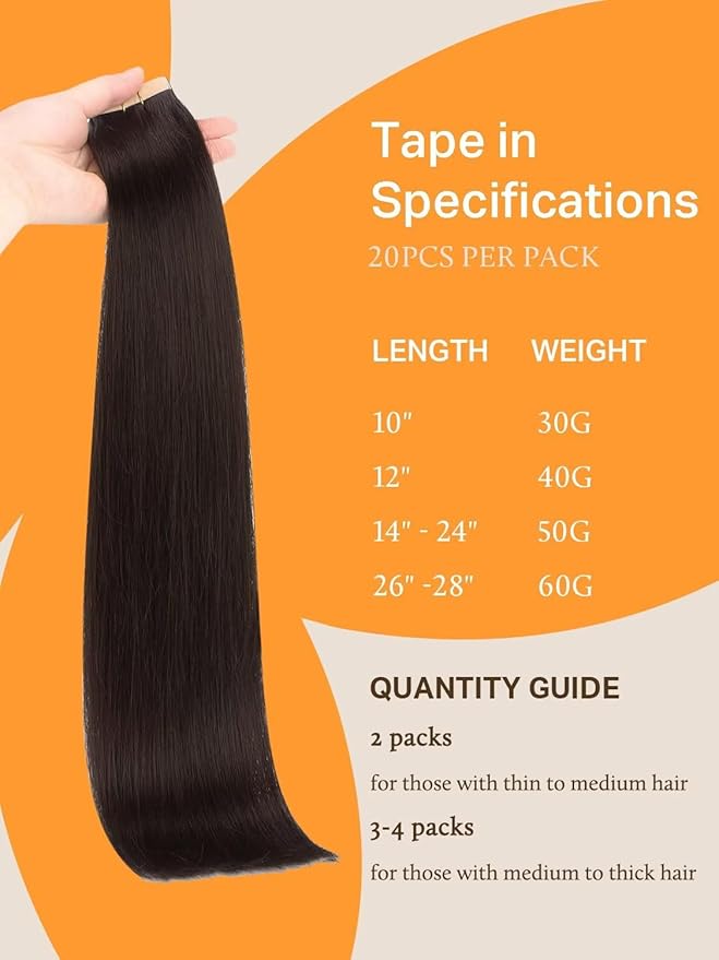 DOORES Human Hair Extensions Tape in Dark Brown 24 Inch 20pcs 50g Tape in Hair Extensions Real Human Hair Remy Skin Weft Straight Natural Remy Dark Brown