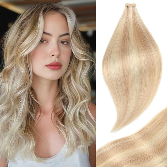 Tape in Hair Extensions Straight Double Sided Remy Invisible Hair Extensions Human Hair Tape in Extensions Ash Blonde Highlighted Bleach Blonde 24 Inch 20pcs (P18K/60#,24 Inch)