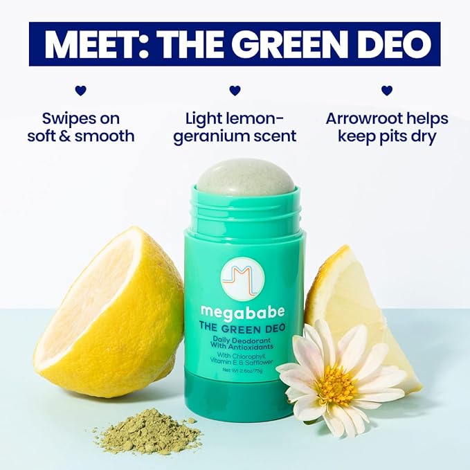 Megababe Daily Deodorant - The Green Deo with Vitamin E & Safflower | Aluminum-Free, Solid, All Natural | Geranium & Lemon | Free from Parabens, Sulfates & Phthalates | 2.6 oz