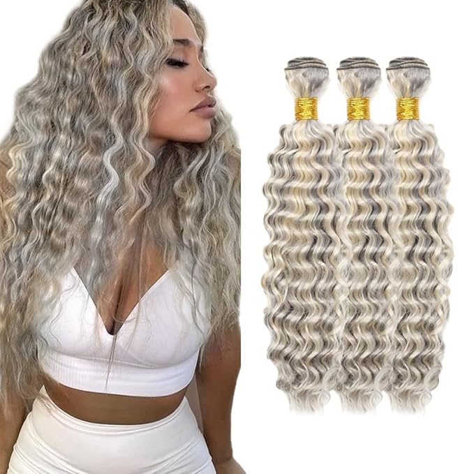 16 18 20 Inch Blonde Bundles Human Hair P613/grey Deep Wave 3 Bundle Unprocessed Brazilian virgin hair Weave Extensions Double Weft 50 Grams/Bundle Colored Highlight Grey Bundles for Woman