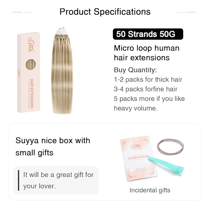 SUYYA Micro Loop Hair Extensions Real Human Hair Ash Blonde/Bleach Blonde Micro Links Straight Microlink Hair Extensions 50 Strands 50g/Pack for Women (18 inch #P18/613)