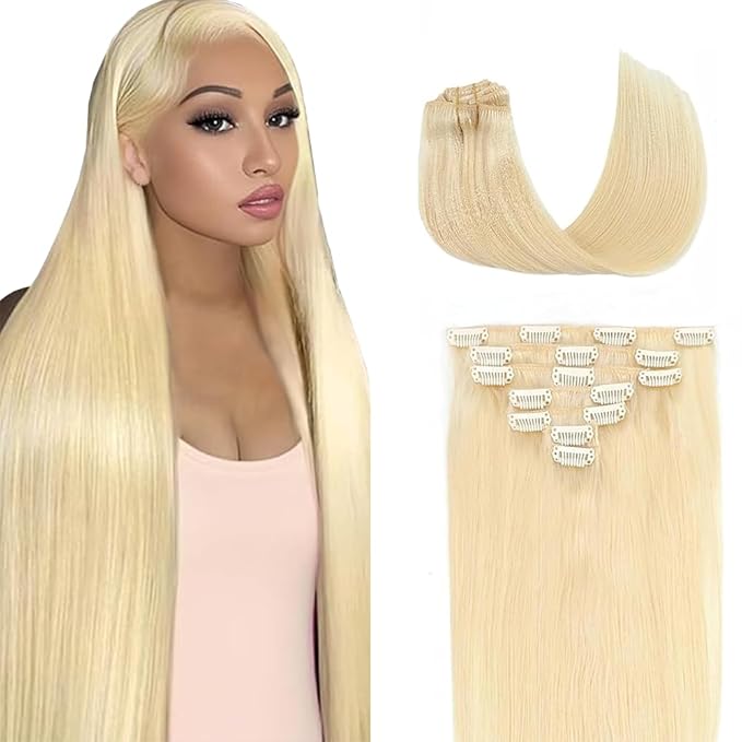 20 Inch #613 Blonde Clip in Hair Extensions - Real Remy Human Hair, 120g 7pcs, Blonde Human Hair Extensions Clip ins for Women